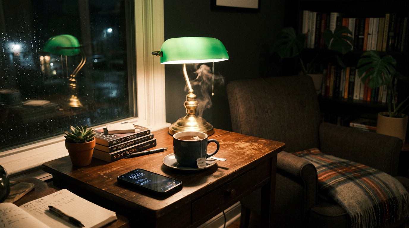 Cozy wooden desk with a steaming cup of tea, books, a lamp, a phone showing 10:43, and a comfortable armchair with a plaid blanket