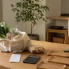 買い物帰りの食料品と伏せたレシート、電卓が置かれた明るい木製ダイニングテーブル
