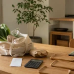 買い物帰りの食料品と伏せたレシート、電卓が置かれた明るい木製ダイニングテーブル