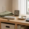 窓辺の木製棚に抜かれた電源ケーブル、電力計、鍵、外部ストレージと観葉植物が置かれた静かな室内